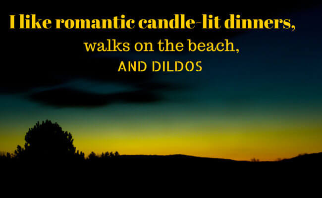I like romantic candle-lit dinners, walks on the beach, and dildos