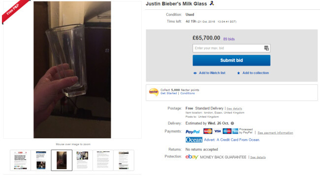 Justin Bieber's milk glass on eBay